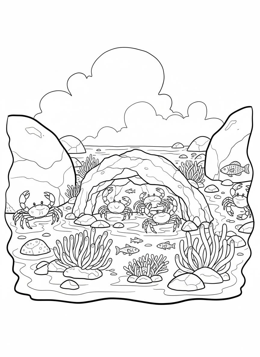 A wide tide pool scene showing multiple crabs hiding under rocks, with anemones and small fish in the background.