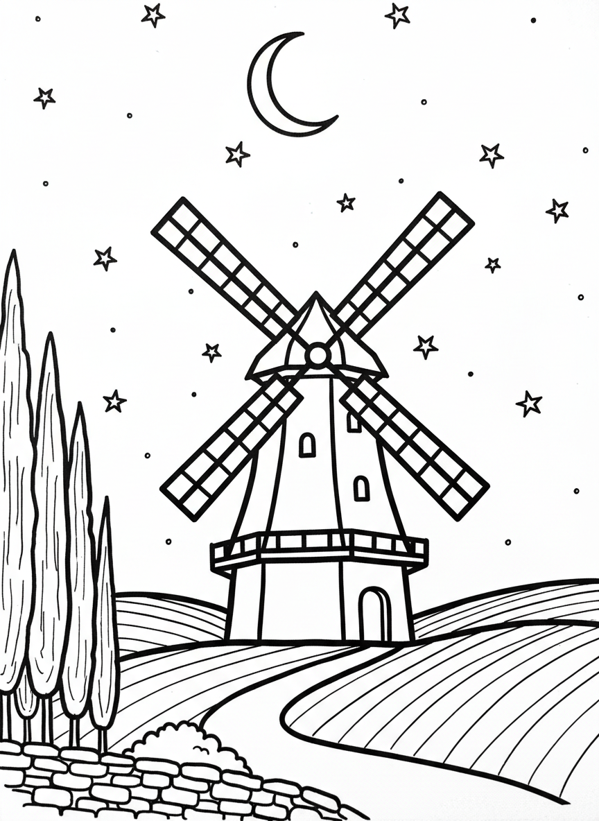 A nighttime scene of a windmill silhouette with stars and a crescent moon in the sky, simple and peaceful.