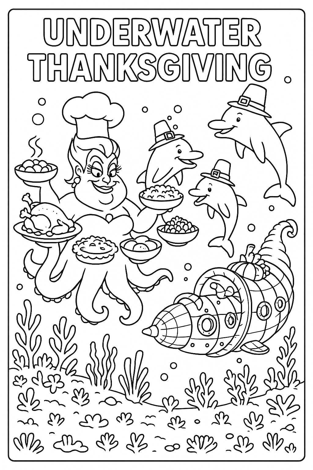 Underwater thanksgiving celebration with Ursula from The Little Mermaid chef serving eight dishes at once, dolphins wearing pilgrim hats, submarine shaped like cornucopia passing by coral reef