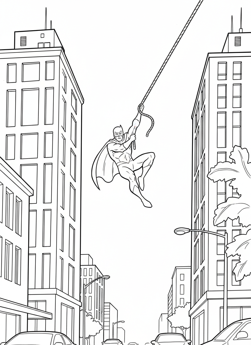 A superhero swinging between tall buildings on a rope, dynamic mid-air pose, simple city buildings below
