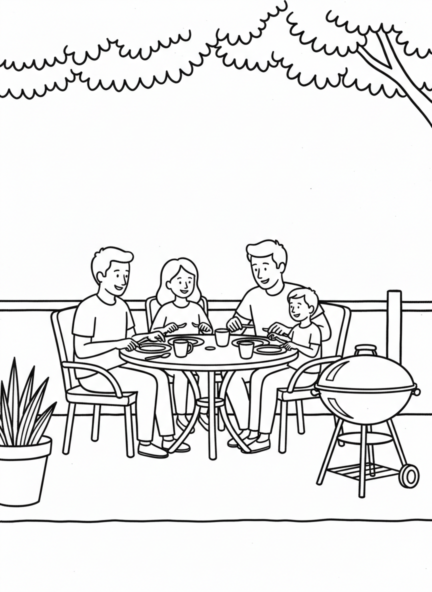 A family of four sitting around a round patio table enjoying a meal together with a grill visible nearby.