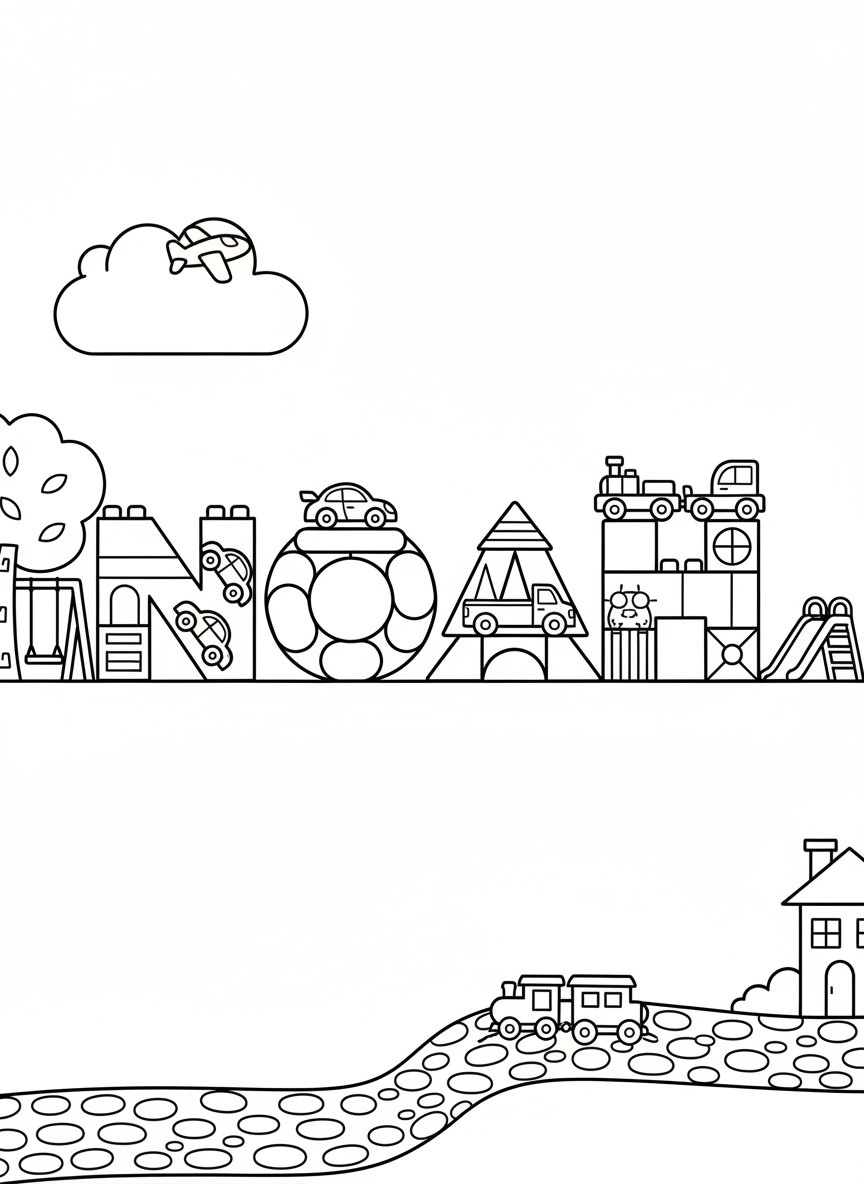 The name NOAH spelled out with letters made of building blocks and toy cars, kid-friendly line art