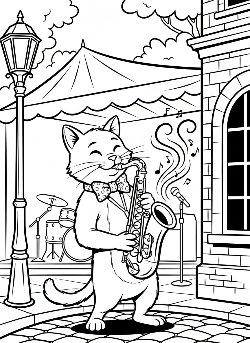 A friendly cat playing a saxophone while standing upright, wearing a bow tie, with musical notes coming from the instrument.