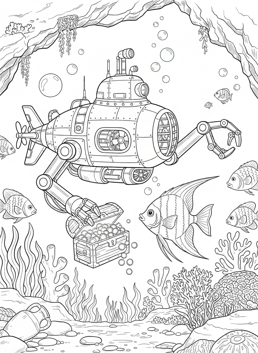 A deep-sea exploration robot submarine with mechanical arms discovering treasure chest and fish underwater.