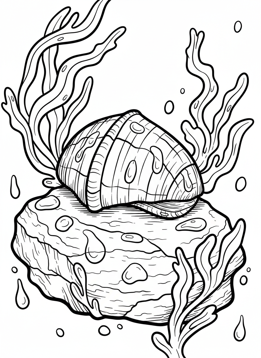 A limpet attached to a rock surface with seaweed fronds and water droplets creating interesting patterns.