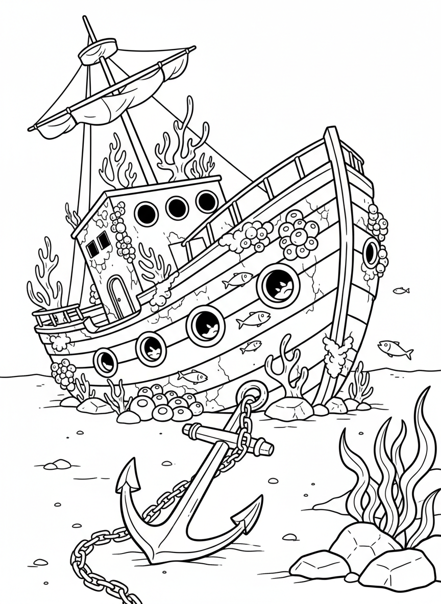 A sunken ship covered in barnacles and coral, with fish swimming through the portholes and an anchor resting nearby.