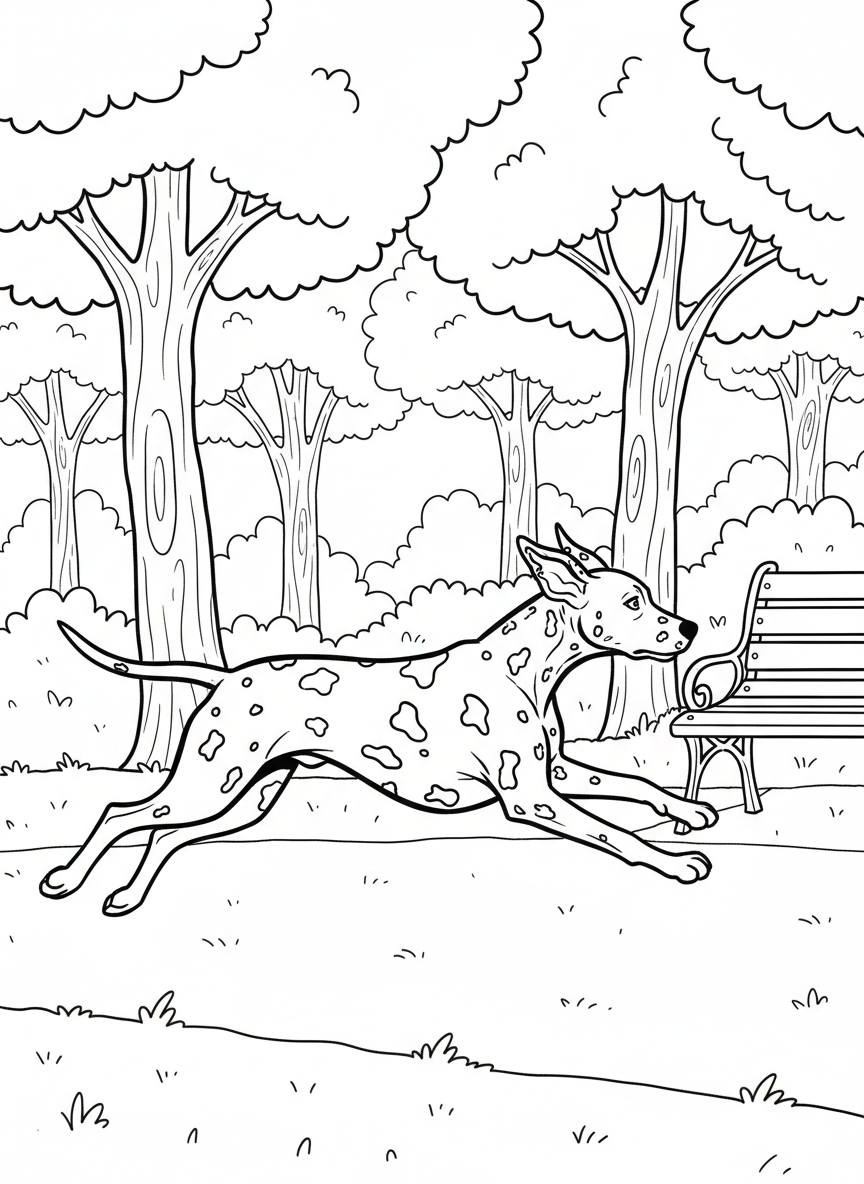 A dalmatian dog with distinctive spots running through a park with trees in the background, action pose.