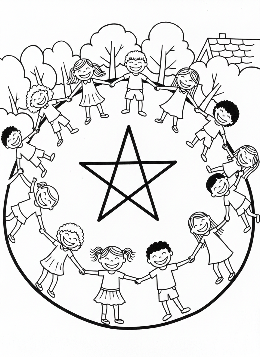 A group of diverse children holding hands in a circle around a large star, celebrating together with smiles.