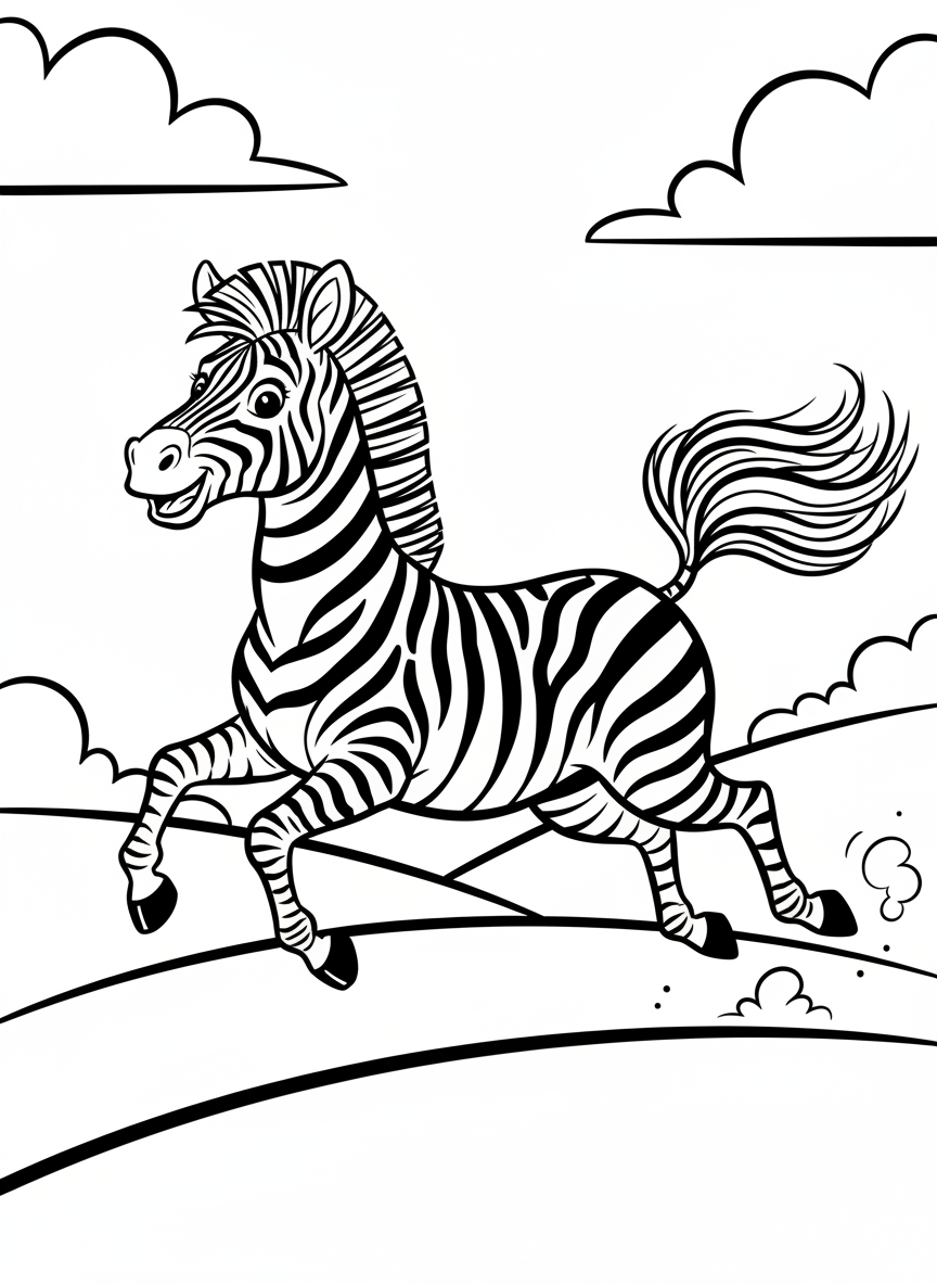 A zebra running happily across simple rolling hills, mane flowing, dynamic pose with bold stripe patterns and friendly face