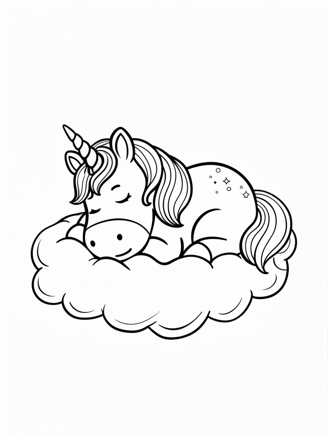 A unicorn sleeping peacefully on a soft, fluffy cloud, looking cozy and content.