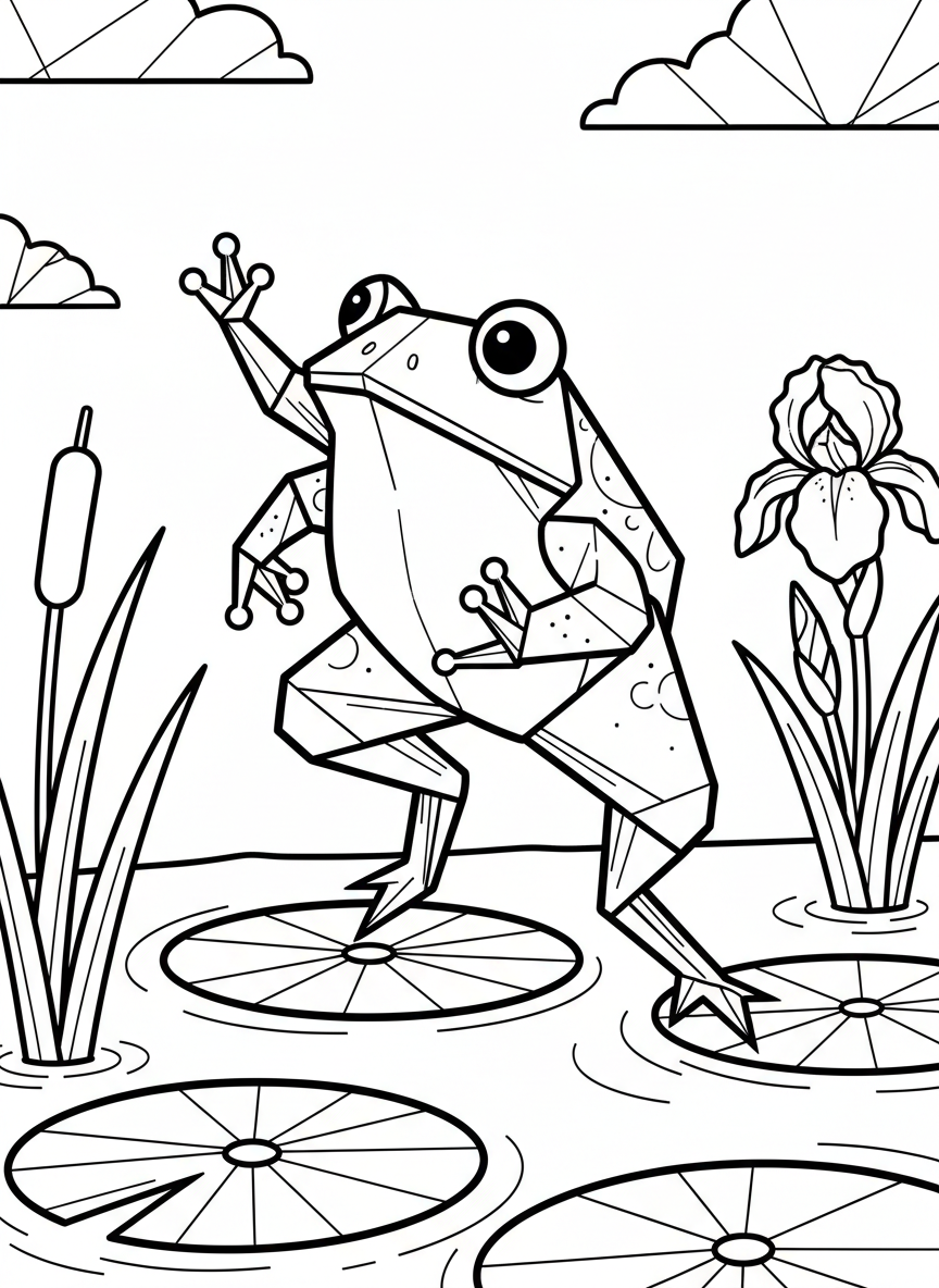 A playful origami frog in mid-hop position with bent angular legs, showing the characteristic folded paper texture and geometric body shapes.