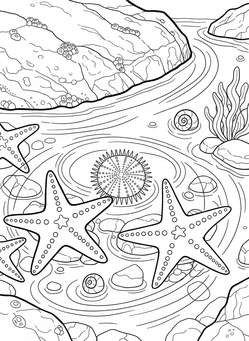 Overhead view of a tide pool containing two starfish, one sea urchin, and several small snails, with rippling water patterns throughout.