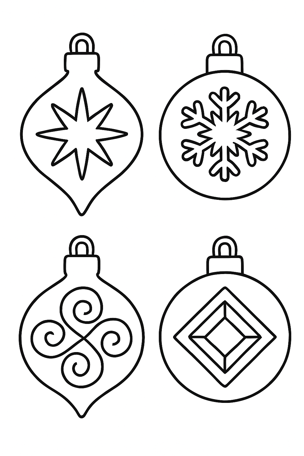 Layered ornament designs: outer ornament shape + inner cutout pattern (starburst, snowflake, swirl, geometric)