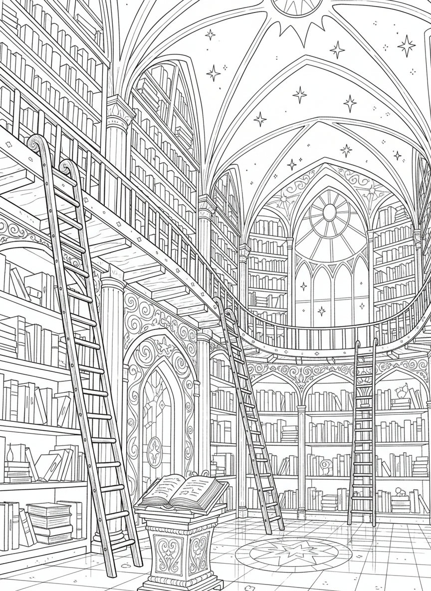 A magical library interior with tall bookshelves reaching to the ceiling, a rolling ladder, and sparkles floating in the air.