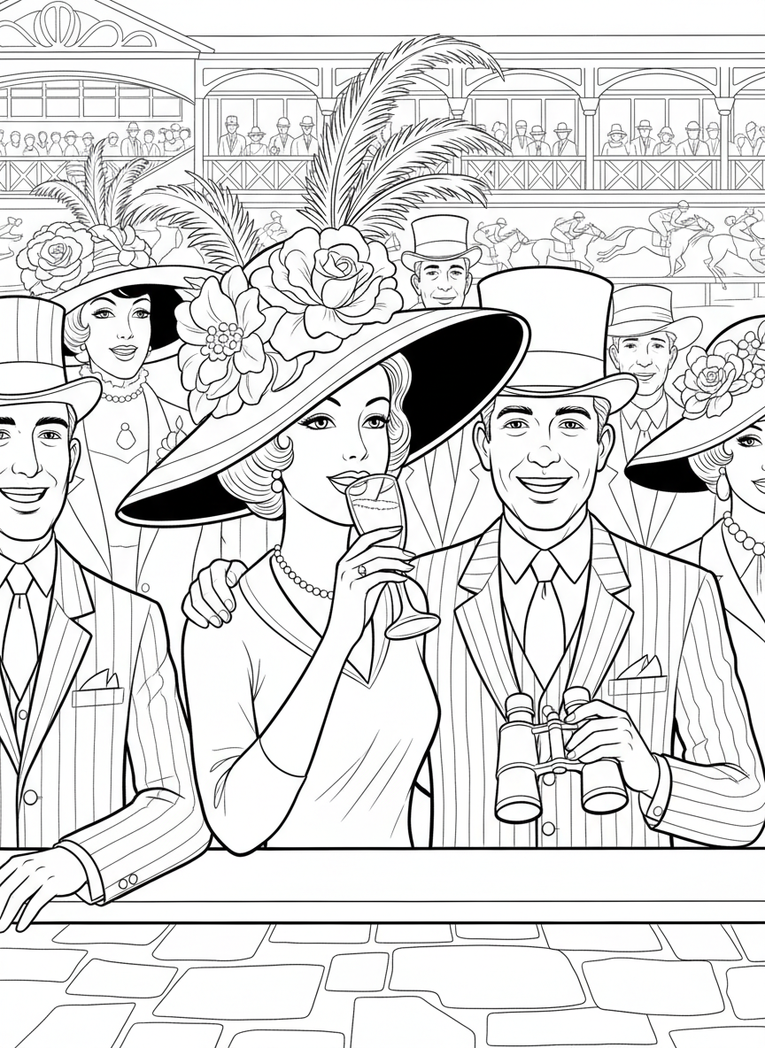 Kentucky Derby coloring page prompts capturing elegance, horse racing tradition, spring fashion, and historic pageantry.	A close-up of spectators in elaborate hats and suits, sipping drinks and watching the track with excitement and tradition.