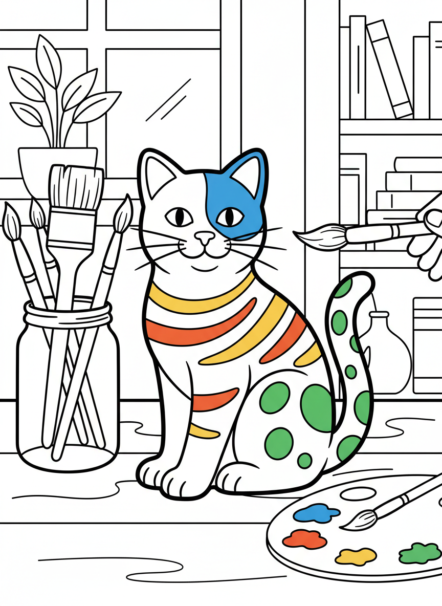 Simple composition of a ceramic cat figurine half-painted, showing before and after, with brushes and paint palette.