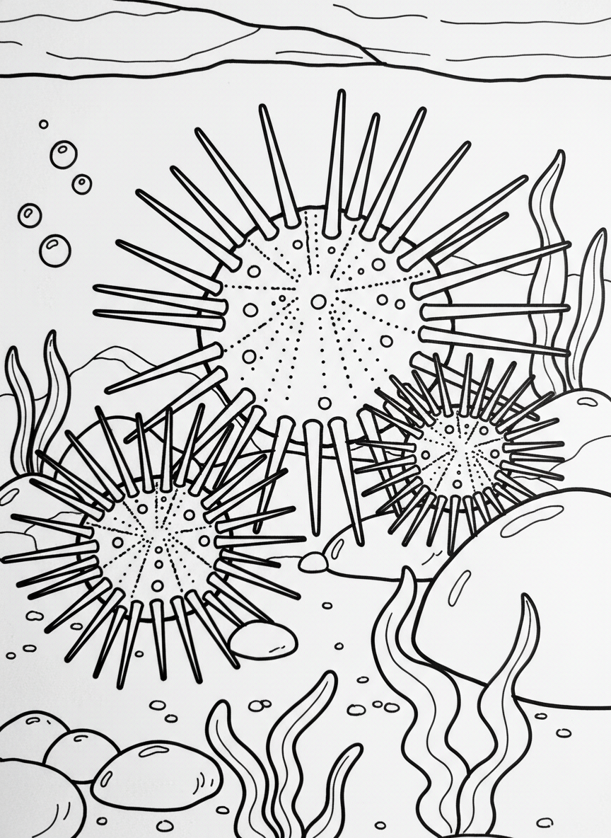 Three sea urchins of different sizes clustered together, showing their spiky spines radiating outward in all directions, clear outlines for easy coloring.