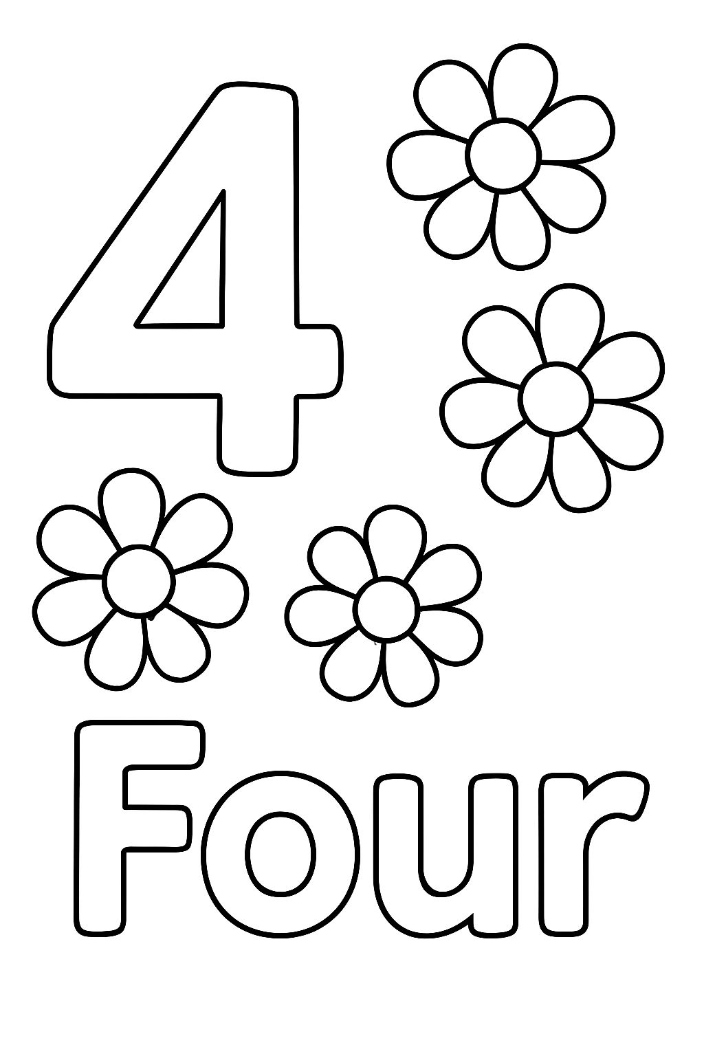 The number “4” and the word “Four”. With 4 flowers on the page. Write out the word “Four”.