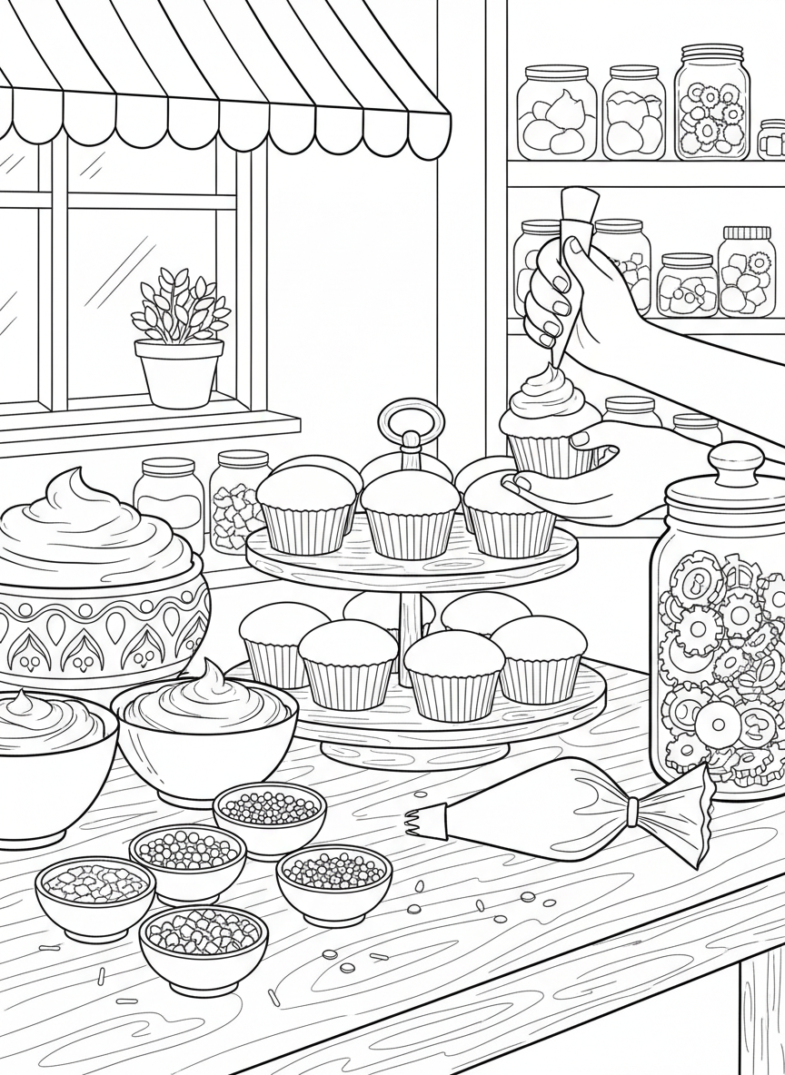 A cupcake decorating station with plain cupcakes, bowls of frosting, sprinkles, and candy toppings