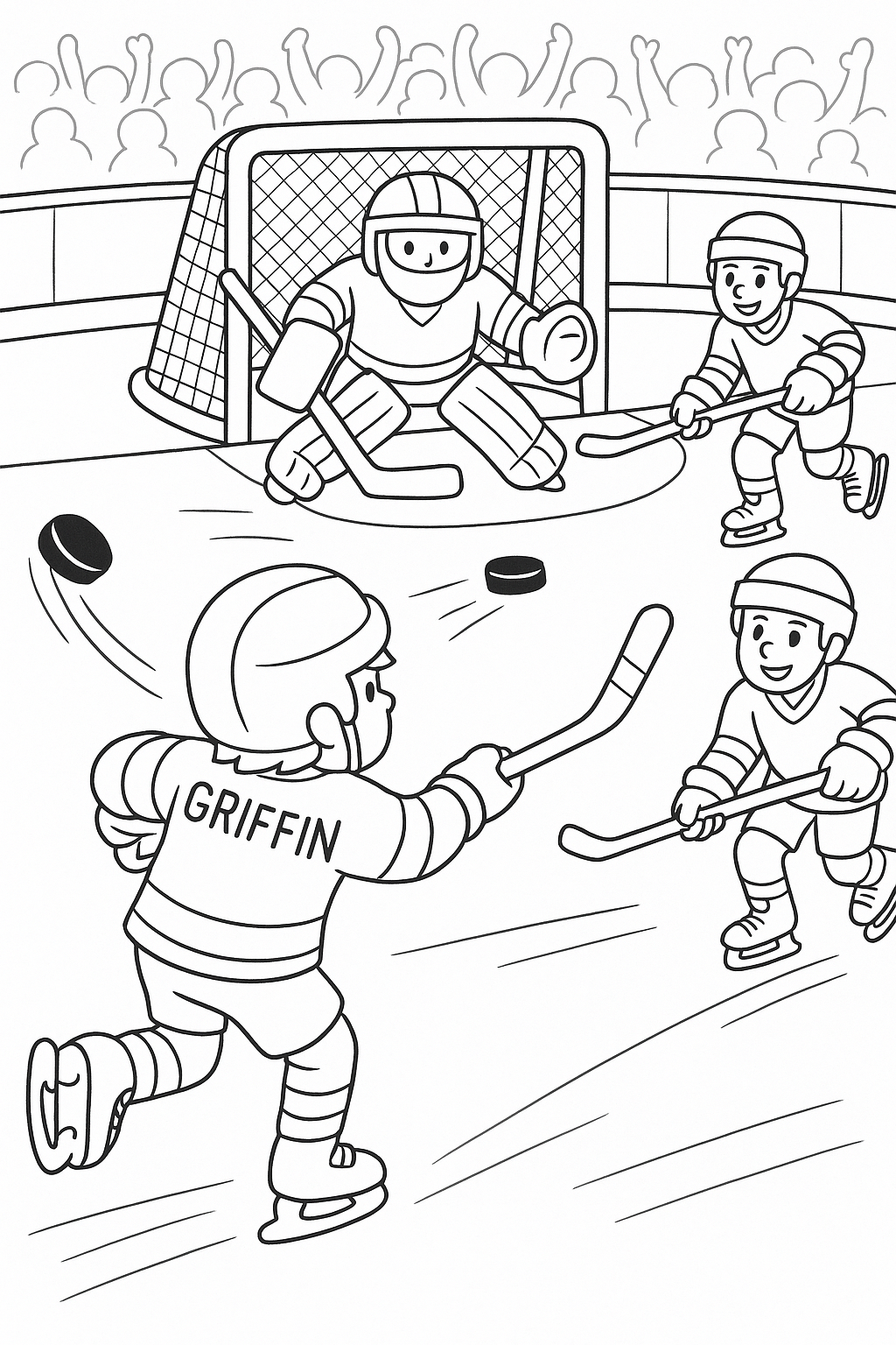 A young boy wearing a hockey jersey with the name “GRIFFIN” on the back takes a powerful shot toward the goal. The puck flies off his stick as the goalie crouches low with arms wide. Add teammates skating nearby, rink boards, goal net, and a faint cheering crowd to capture the excitement of the game.