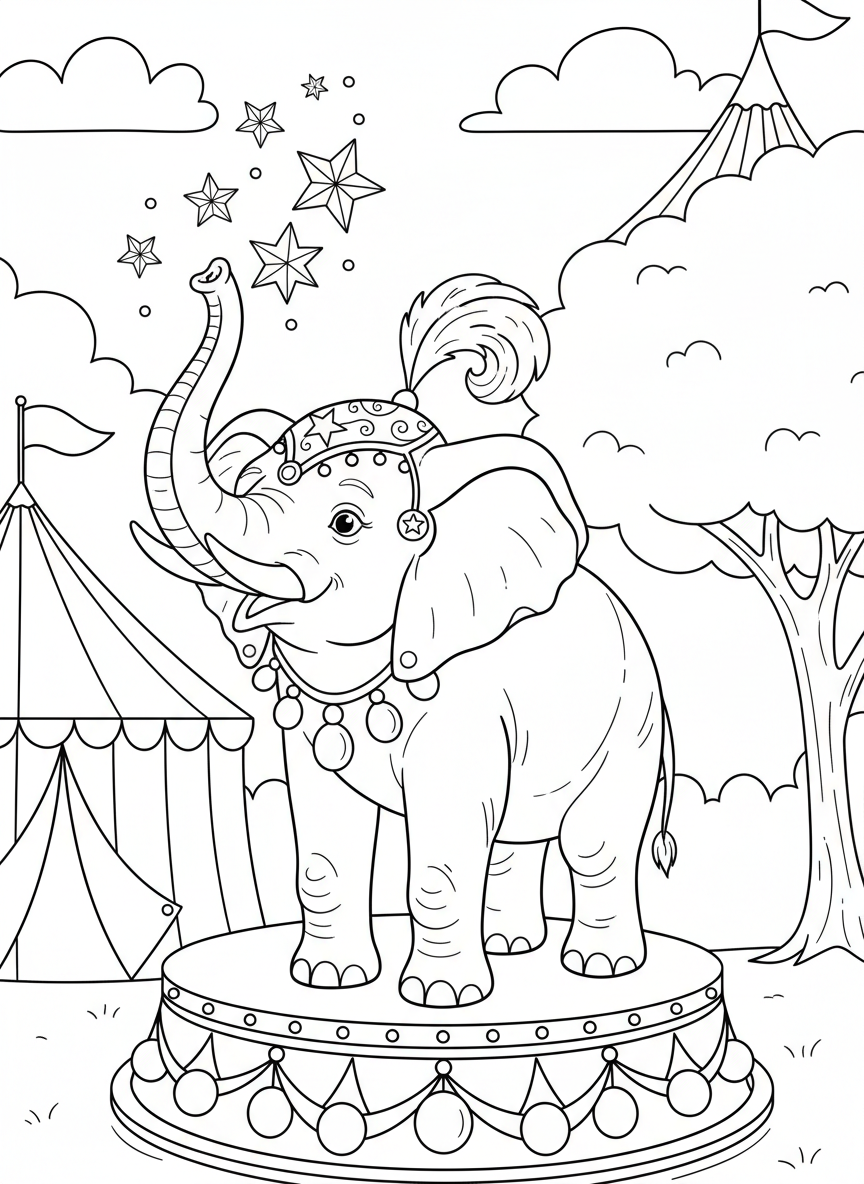 A circus elephant standing on a decorated platform, wearing a fancy headpiece with stars, trunk raised in the air.