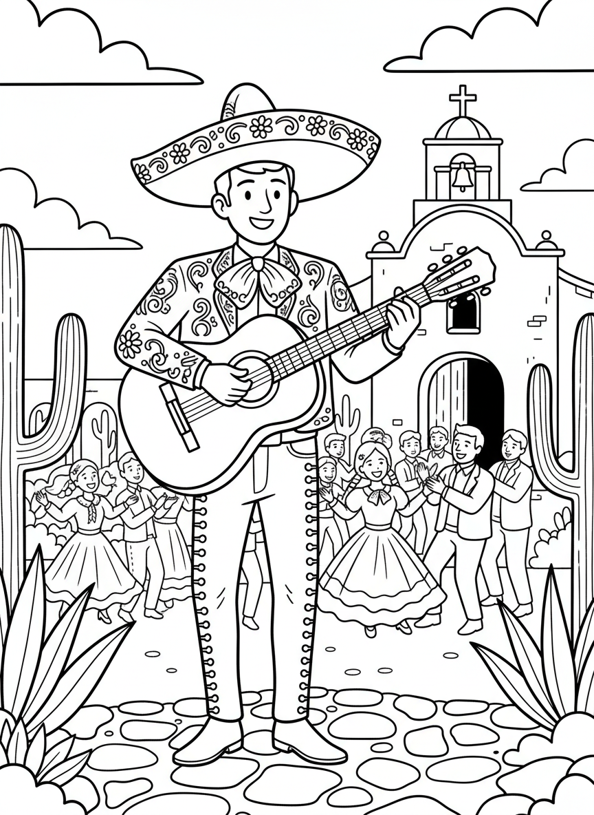 A mariachi musician playing guitar with decorative clothing details, standing near a mission building, cultural celebration line-art.