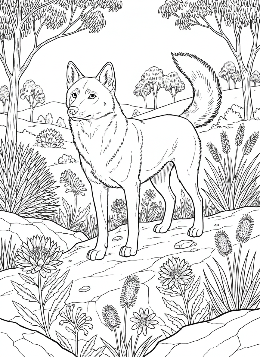 A dingo standing alert on a hillside, bushy tail and pointed ears, Australian wildflowers scattered around.