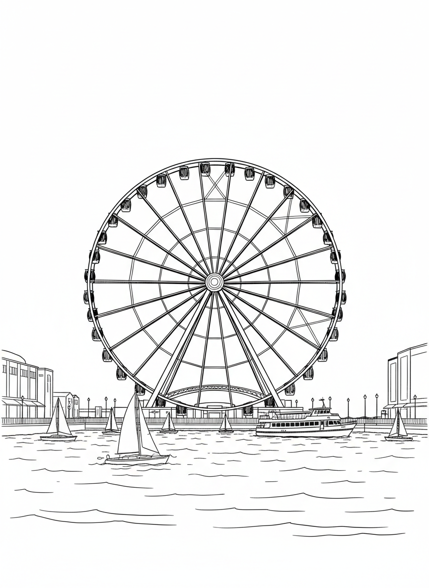 Navy Pier Ferris wheel with boats in Lake Michigan, clear line art showing the iconic wheel structure and water below