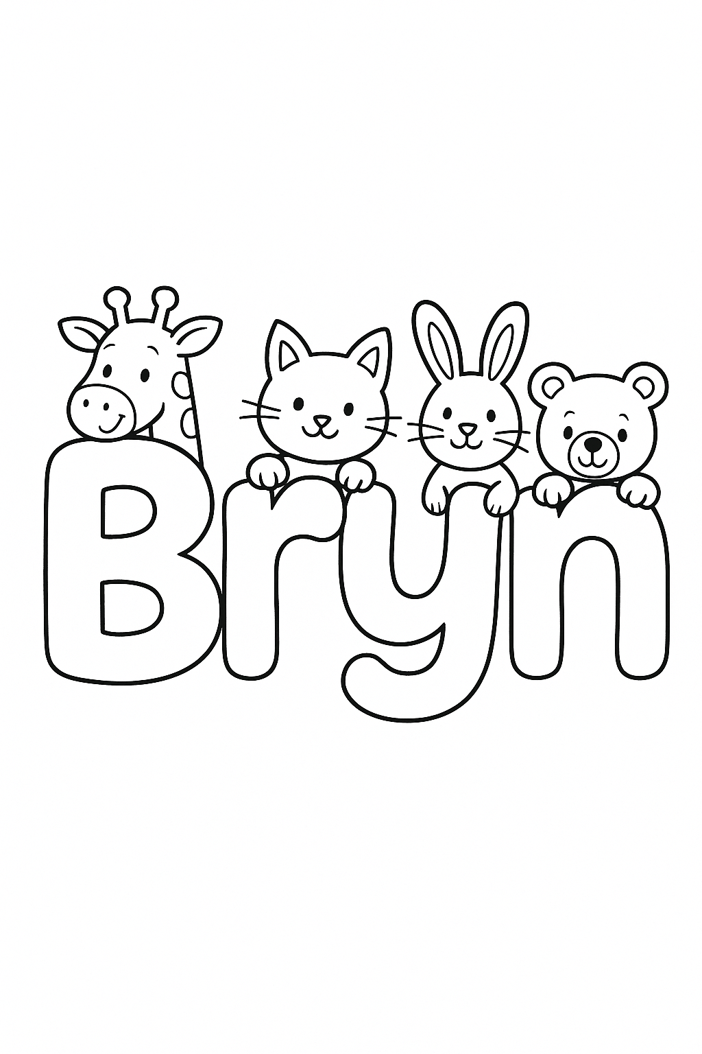 The name “Bryn” in bubble letters with cartoon animals peeking out of each letter. make the name all on one line. Capitalize only the "B"