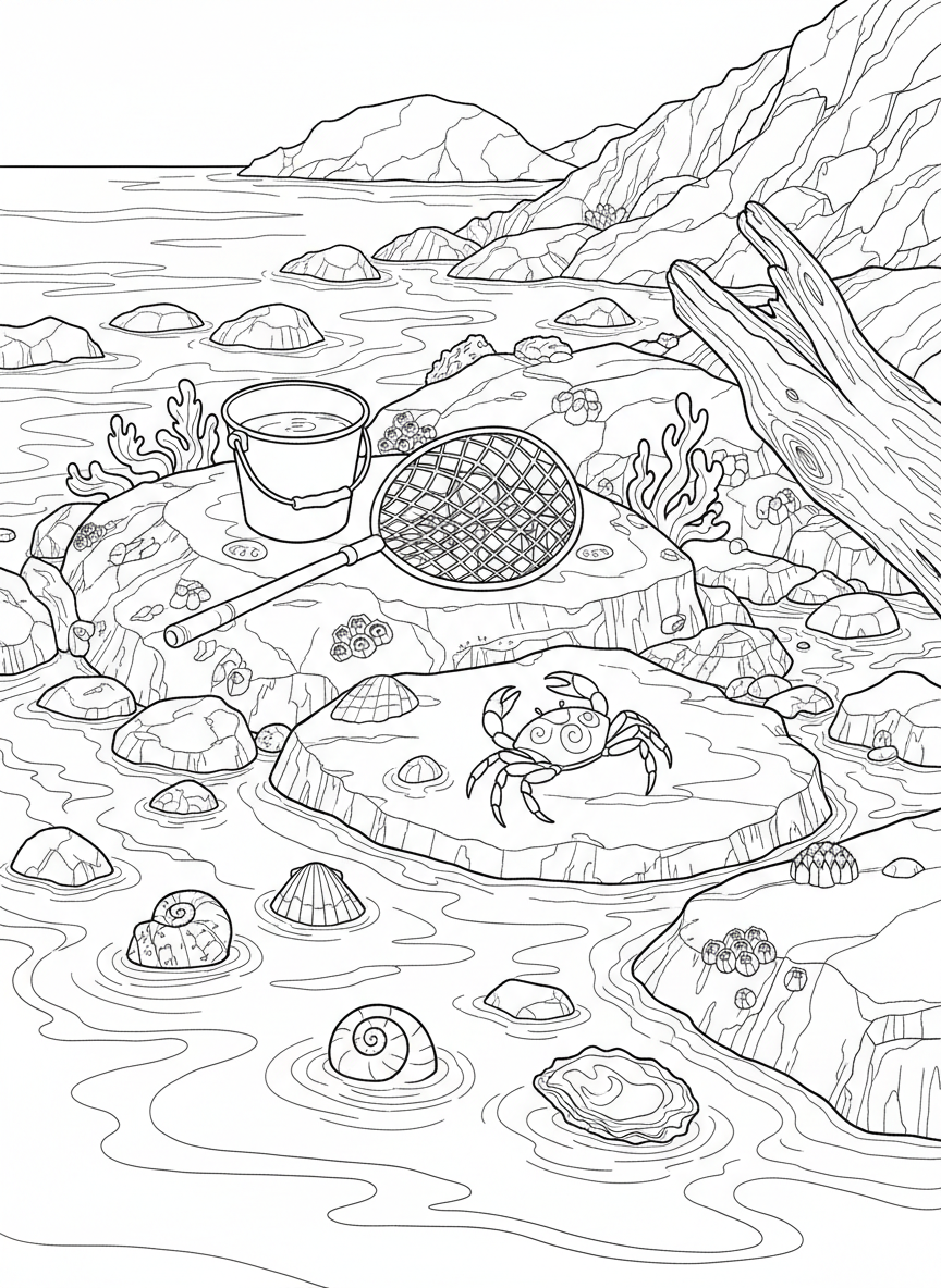 A tide pool explorer scene with a small bucket and net resting on rocks, with a crab and shells nearby.