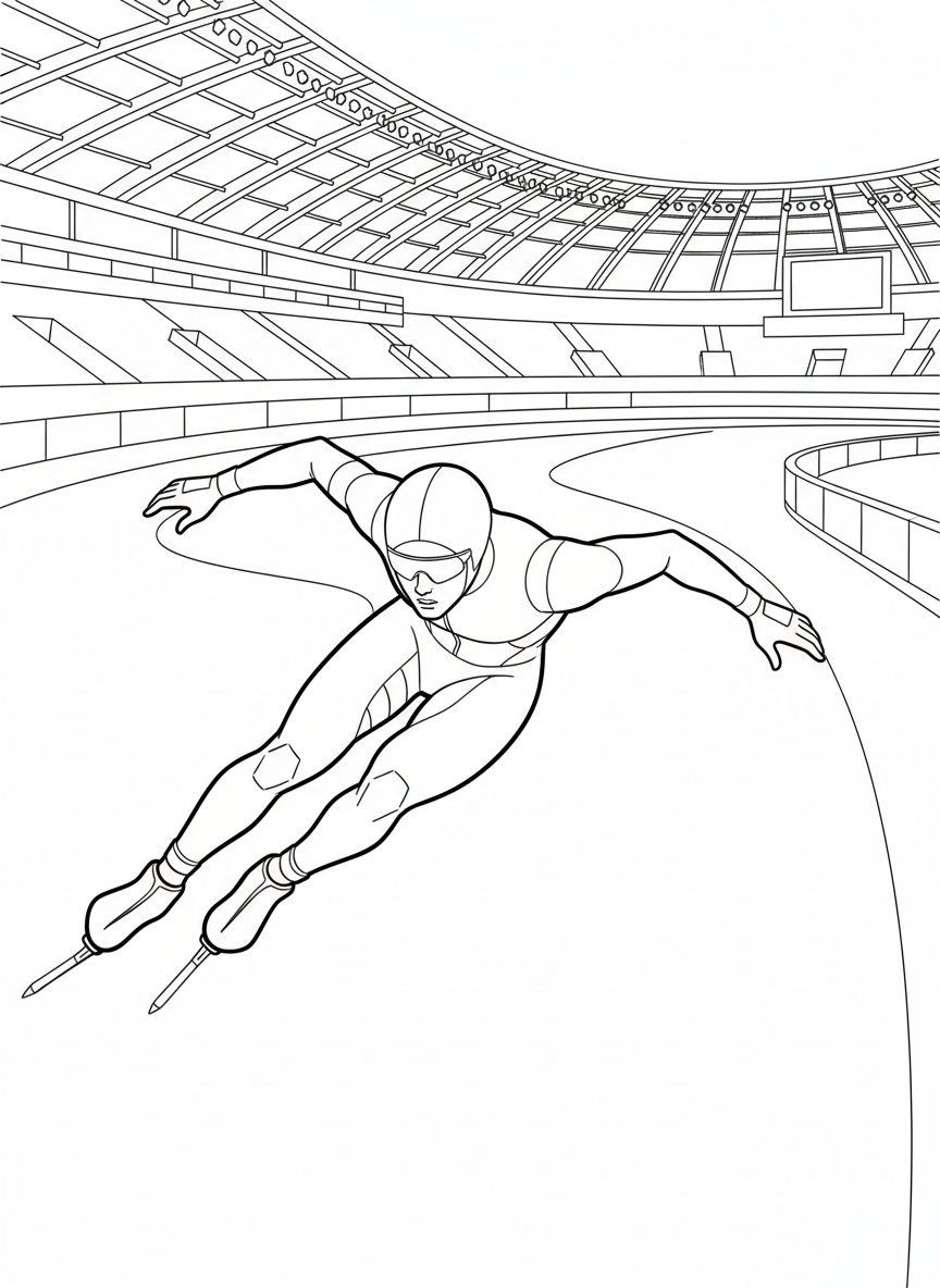 A speed skater in an aerodynamic crouch position racing around an oval ice track, wearing a sleek suit and helmet.
