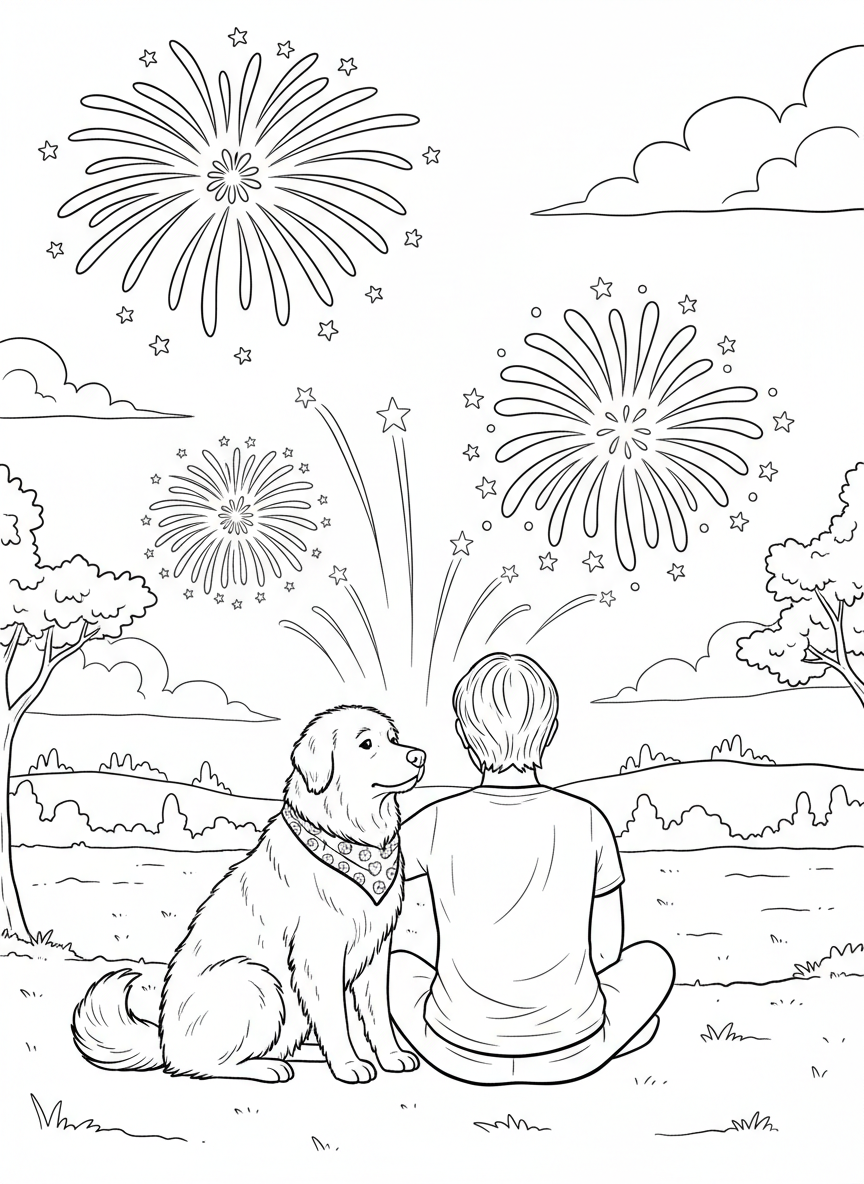 A dog wearing a bandana sitting calmly next to its owner while fireworks burst safely in the distant sky above rolling hills.