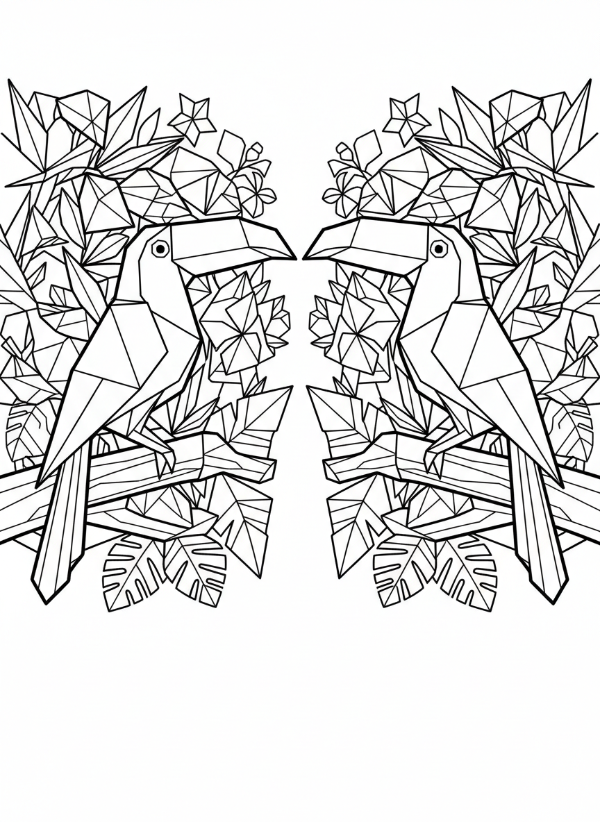 Two origami toucans facing each other on a branch, with large geometric beaks and folded wing details, symmetrical composition.