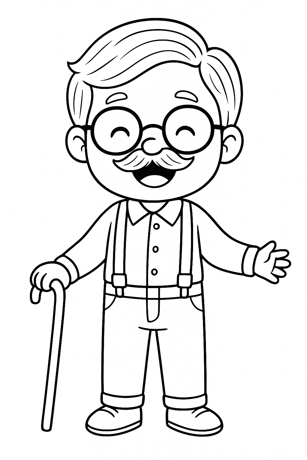 100th Day of School: The 100-Year-Old: A cute kid dressing up like a 100-year-old person with a drawn-on mustache, suspenders, and a cane, smiling widely.