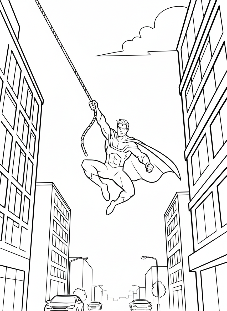A superhero swinging between tall buildings on a rope, dynamic mid-air pose, simple city buildings below