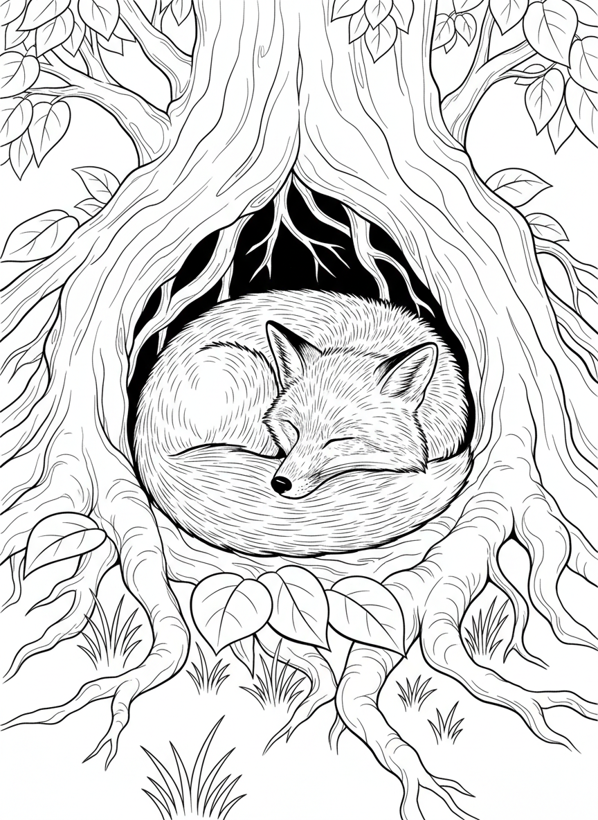 A red fox curled up sleeping in its den beneath tree roots, with leaves and soft grass around it.