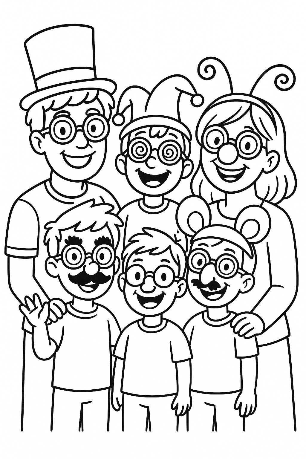 a family of 5 with 2 adults and 3 young boys. make them all happy and with funny disguises on