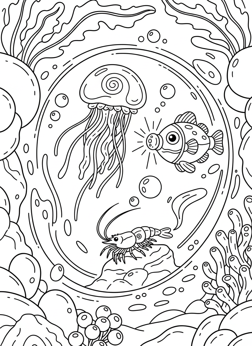 A scene showing multiple bioluminescent creatures together: a small jellyfish, a lanternfish, and a shrimp, creating an underwater light show.