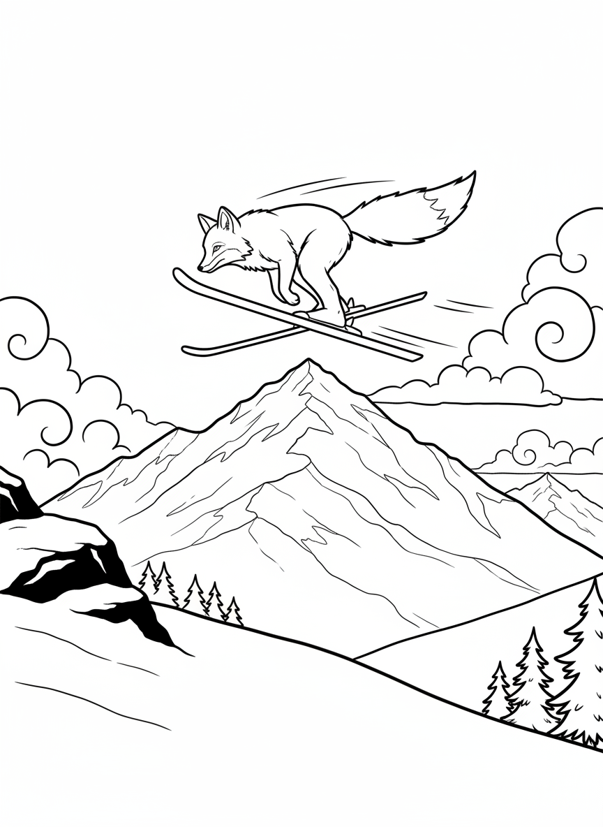 A fox doing a ski jump high in the air, skis pointed forward, mountains and clouds below, exciting mid-air pose.