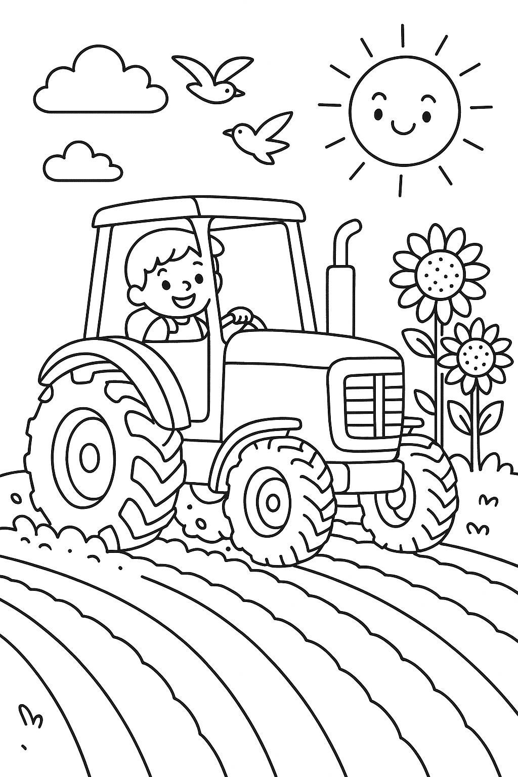 A large tractor driving through crop rows, wheels kicking up soil, a smiling child riding along, sunflowers growing beside the field, birds flying overhead, and a bright, playful illustration.
