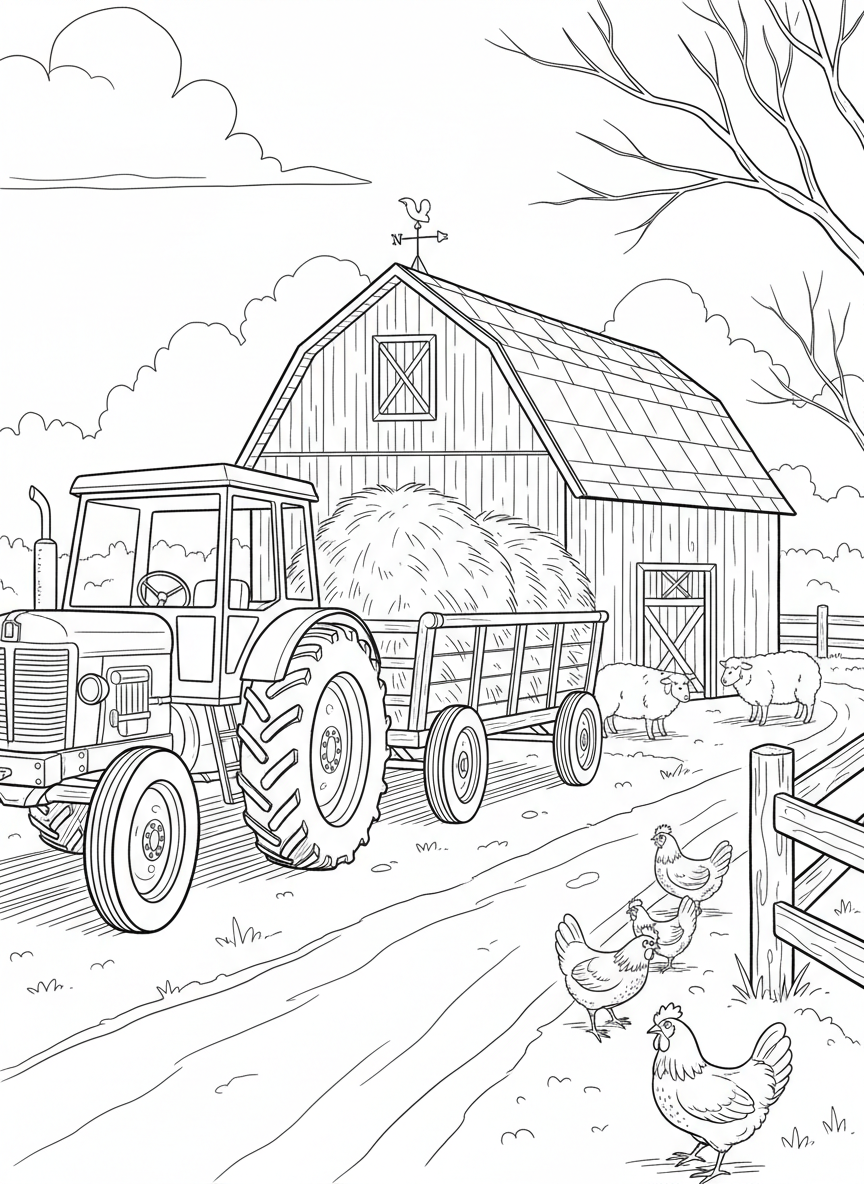 A detailed farm scene with a tractor, hay wagon, and several animals like sheep and chickens in the barnyard.