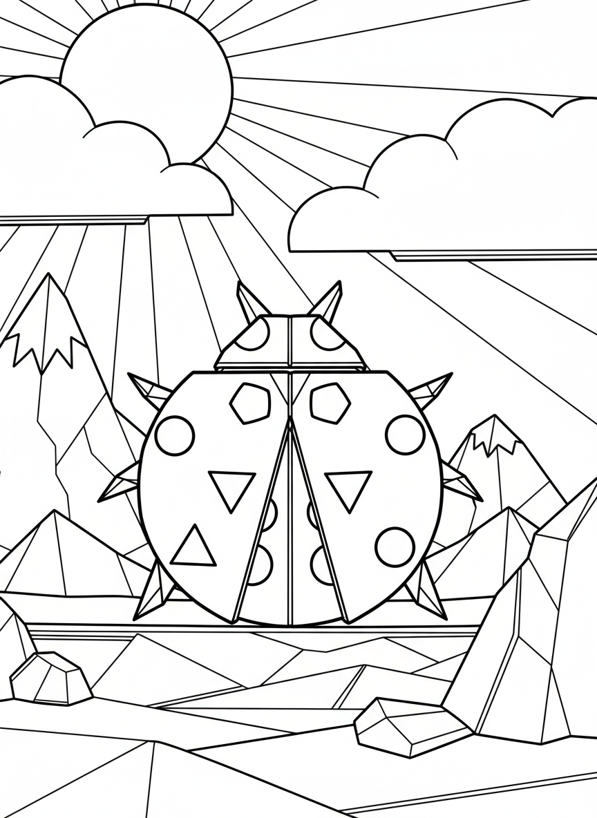 A simple origami ladybug with a circular segmented body, geometric spots, and small triangular legs, shown from above with clear fold lines.