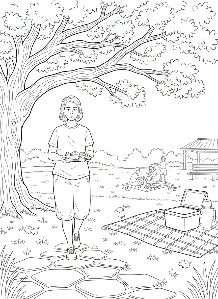 Labor Day Picnic coloring page prompts celebrating late-summer gatherings, relaxation, and seasonal transition.	A quiet moment of someone strolling through the park with a plate of food.
