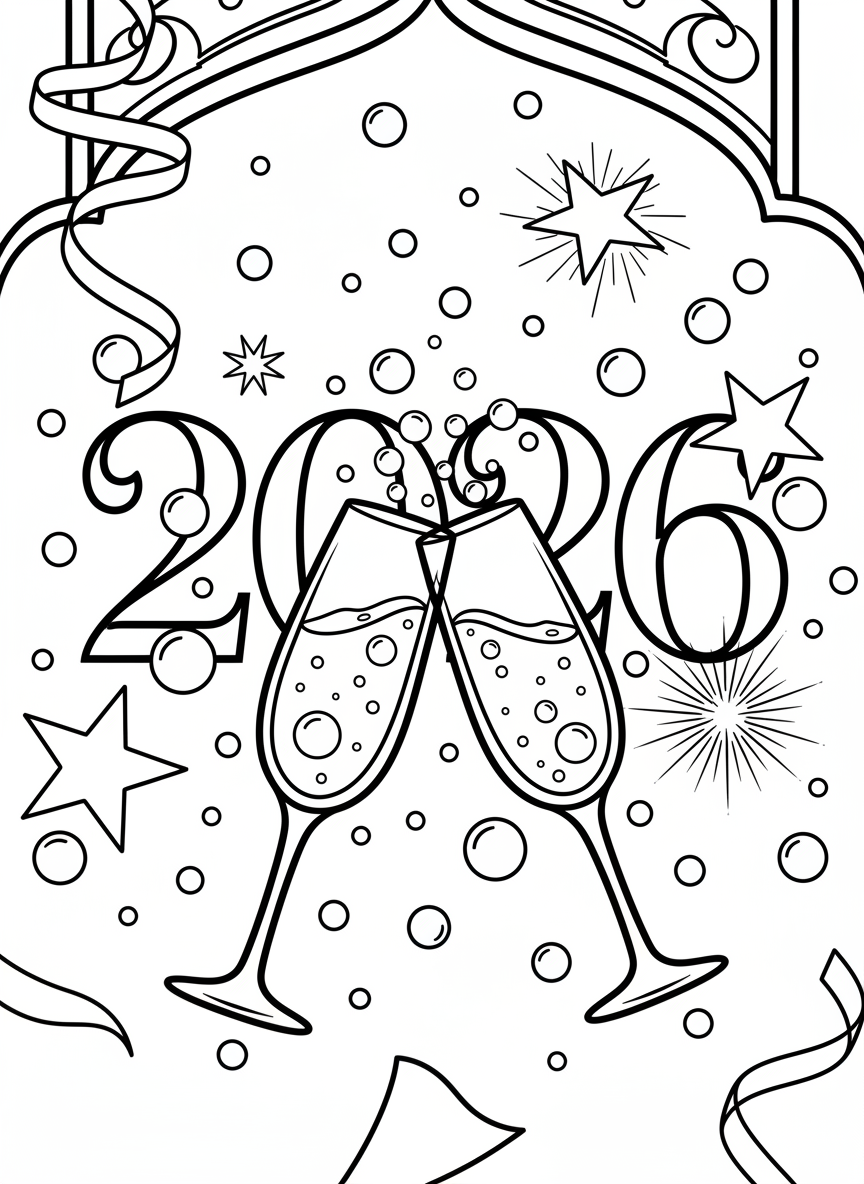 Champagne glasses clinking together (with sparkling juice) and '2026' written in fancy letters above, surrounded by celebration bubbles and stars.
