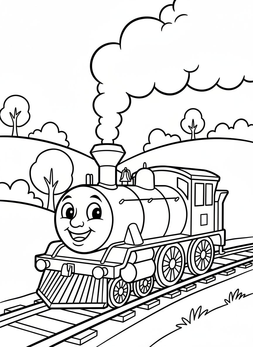 A cheerful steam engine with a smiling face chugging along railroad tracks through rolling hills, with puffy smoke clouds coming from its smokestack