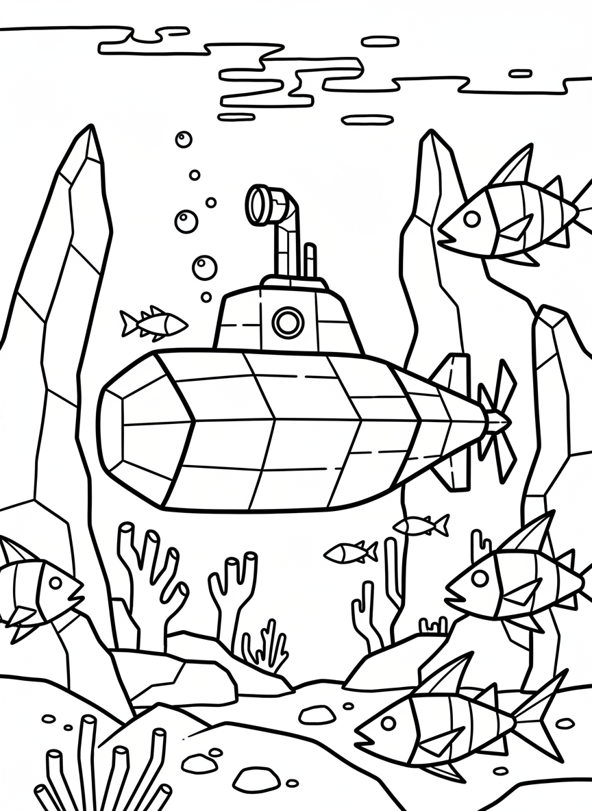 An origami submarine with periscope, rectangular hull, and geometric propellers exploring underwater with angular fish nearby