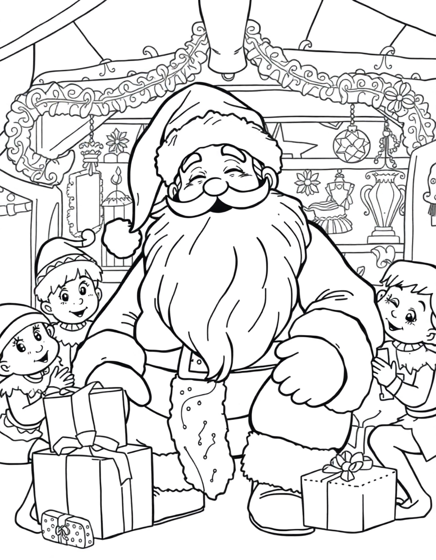 A joyful Santa Claus with a long beard and a friendly face, sitting in his workshop surrounded by elves who are busily wrapping gifts.