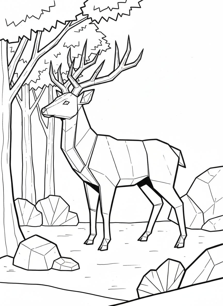 An elegant origami deer with paper-folded antlers, standing gracefully in profile view, featuring clean geometric lines and simple details.