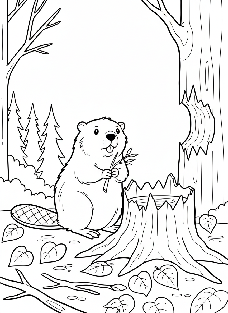 A beaver standing next to a freshly chewed tree stump, showing the pointed gnaw marks, forest floor with leaves