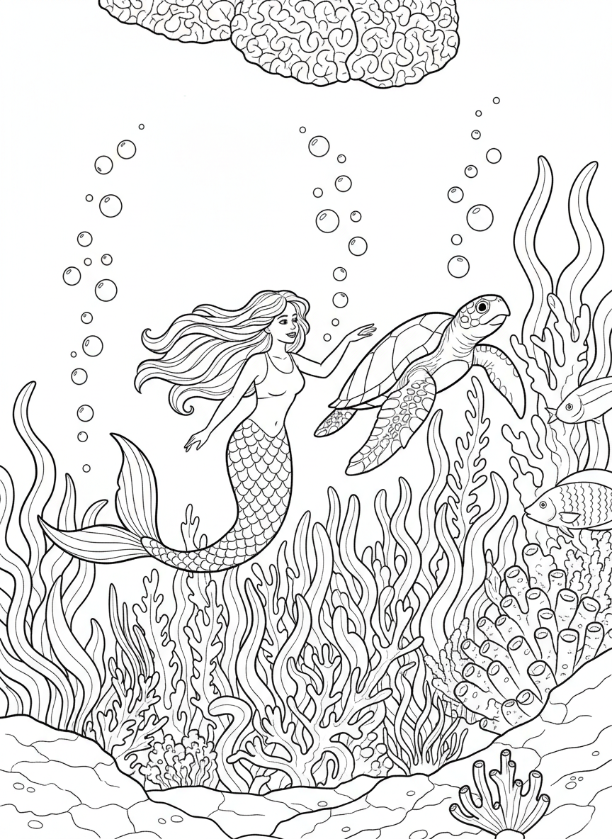 A mermaid and sea turtle swimming together through a coral reef filled with seaweed and bubbles.